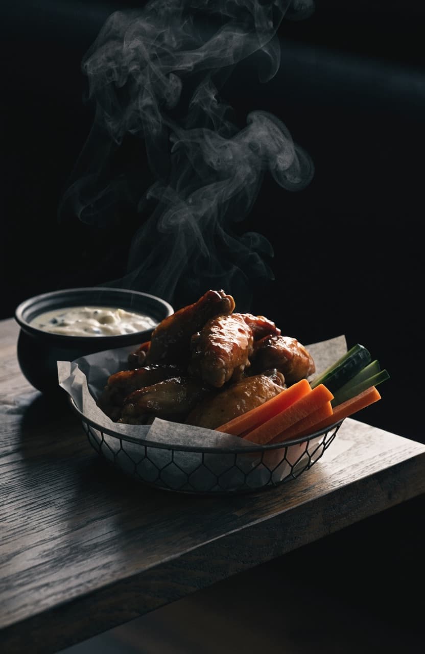 Höyryävä kori chicken wings -siipiä, auradippi sekä porkkana- ja kurkkutikkuja.