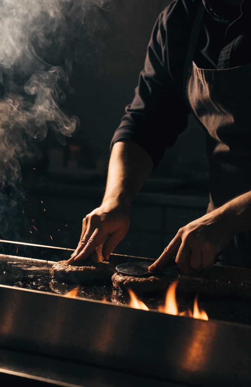 Kokki paistaa smash-pihvejä kuumalla grillilevyllä, liekki ja savu nousevat.